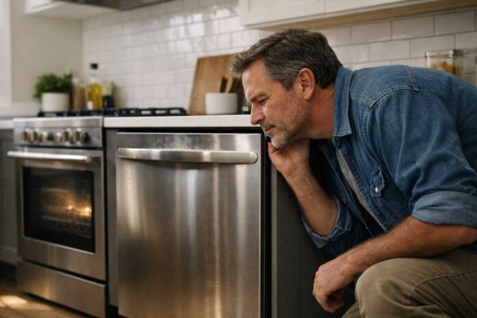 Man in a kitchen listening to a running dishwasher to understand normal and abnormal sounds