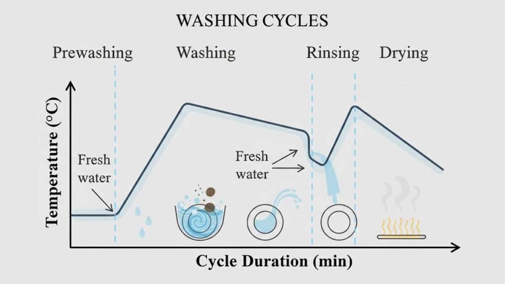 Dishwasher wash cycle stages showing temperature changes during prewash, washing, rinsing, and drying