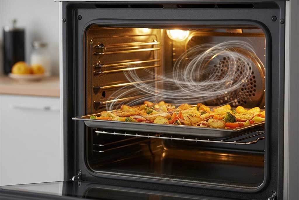 Oven air fry mode cooking crispy vegetables on tray