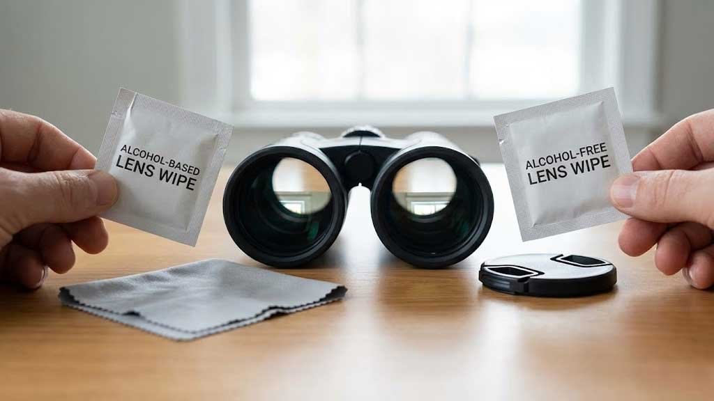 Alcohol vs alcohol-free lens cleaning wipes comparison for coated binocular lenses