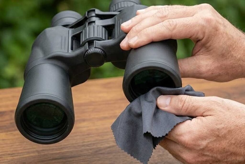 Using anti-fog wipe on binocular lens during outdoor hike in cold weather