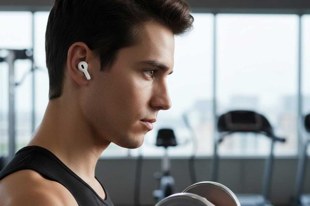 minimalist wireless earbuds with noise cancelling used for working out with iPhone