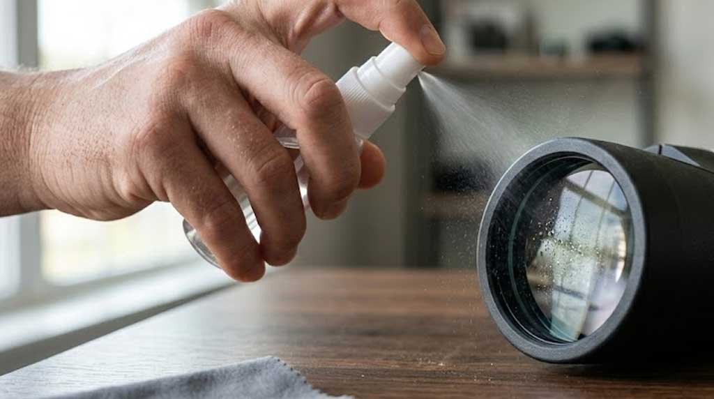 Applying anti-fog spray safely to coated binocular lenses before buffing