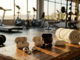 best headphones for working out with iPhone displayed in a modern gym environment