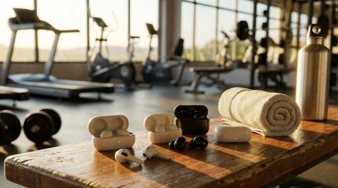 best headphones for working out with iPhone displayed in a modern gym environment