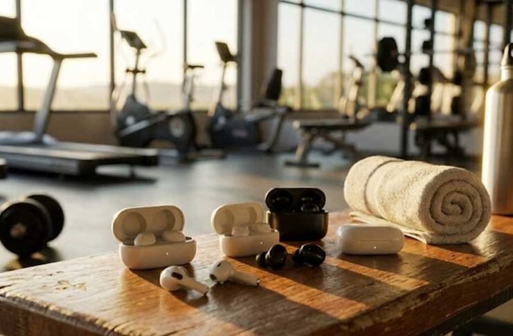 best headphones for working out with iPhone displayed in a modern gym environment