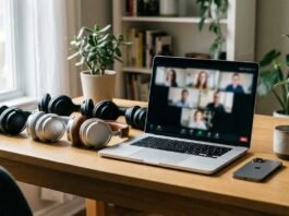 best headphones for Zoom calls and iPhone used in modern work from home office setup