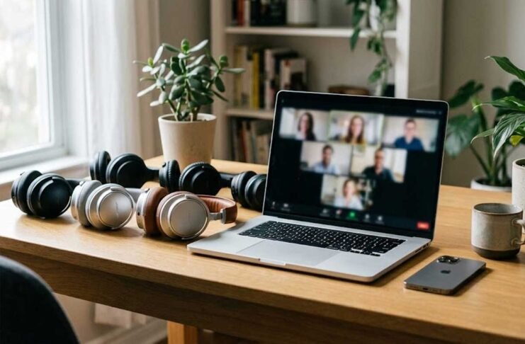 best headphones for Zoom calls and iPhone used in modern work from home office setup