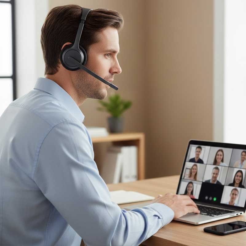 wireless boom microphone headset for Zoom calls and iPhone remote work