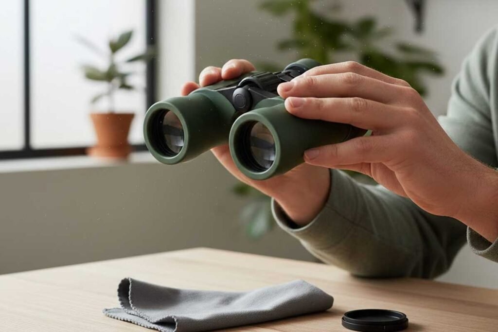 Inspecting binoculars during long-term storage to prevent mold and focus stiffness