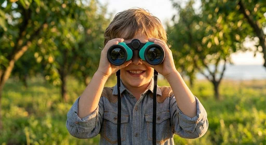 Child using binoculars outdoors in cool morning conditions where lens fogging can occur from breath and temperature changes