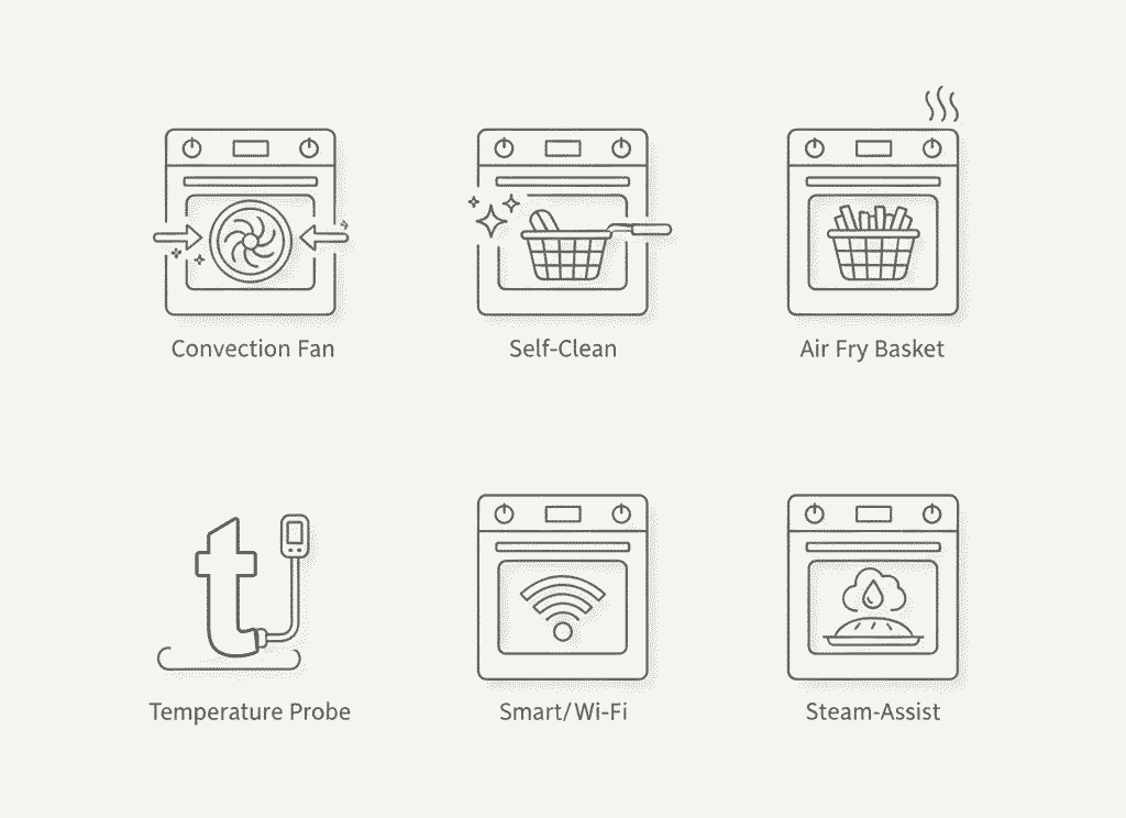 Common oven features explained: convection, self-clean, air fry, temperature probe, smart controls