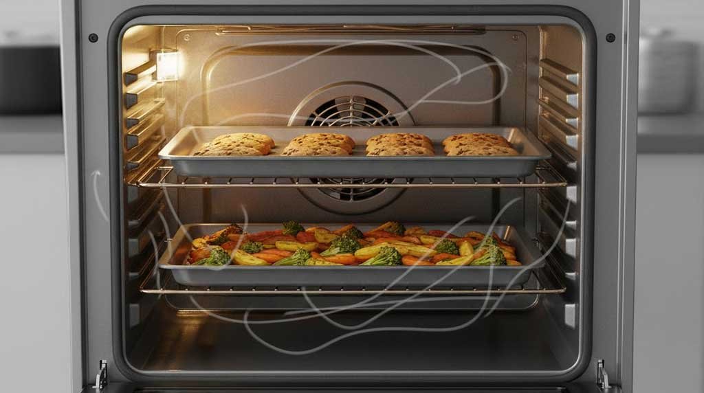 Convection oven airflow circulating hot air evenly around food
