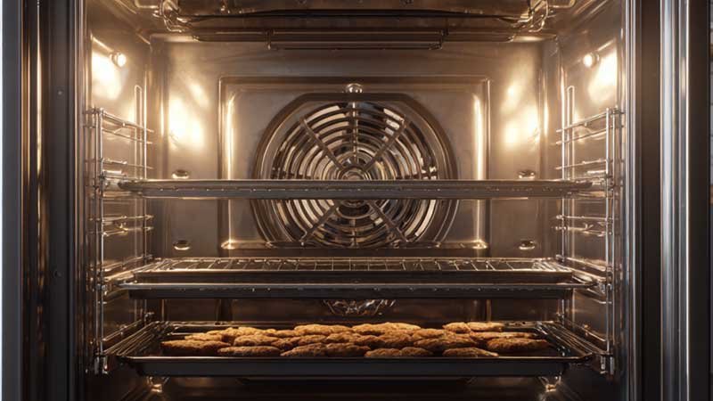 Convection oven fan circulating hot air for even cooking