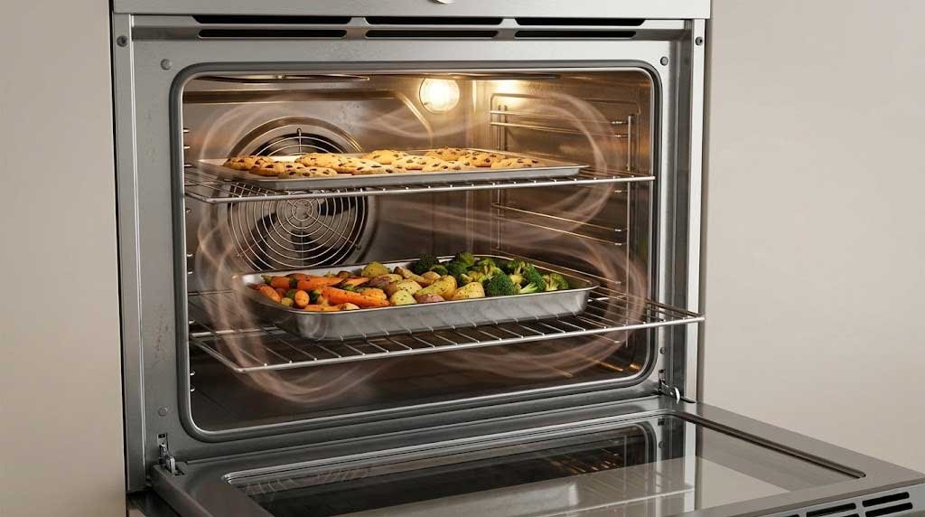 Convection oven fan system circulating hot air inside oven cavity