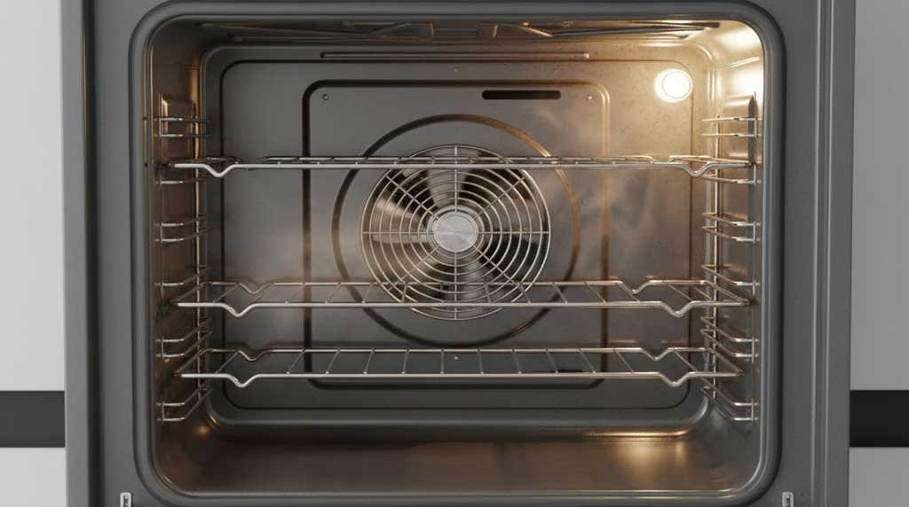 Close-up of convection oven fan system inside oven cavity