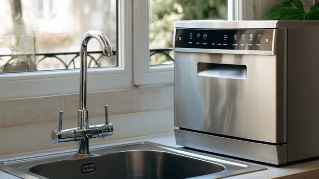 Countertop dishwasher connected to kitchen faucet in apartment