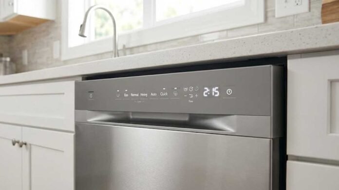 Dishwasher control panel showing different wash cycles like Eco, Normal, and Heavy