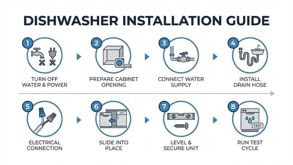 Step-by-step dishwasher installation overview infographic