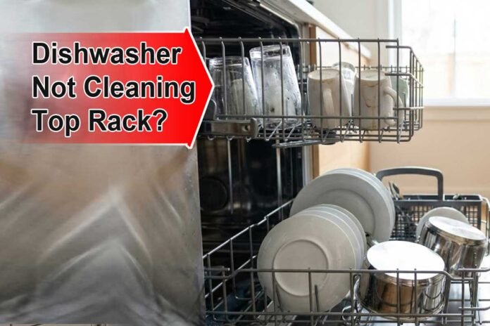dishwasher not cleaning top rack Top rack of dishwasher with dirty glasses while bottom rack appears clean