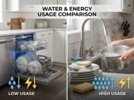 Dishwasher vs hand washing comparison showing water and energy usage in a modern U.S. kitchen