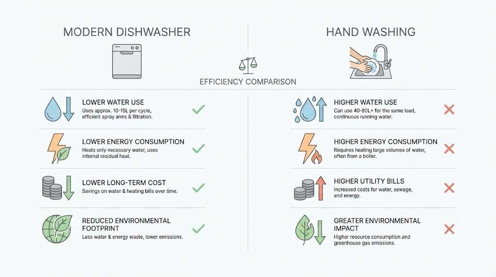 Dishwasher vs hand washing comparison showing water and energy usage