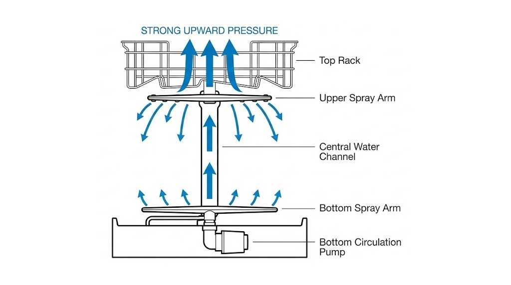 Diagram showing dishwasher water flow from bottom pump to upper spray arm
