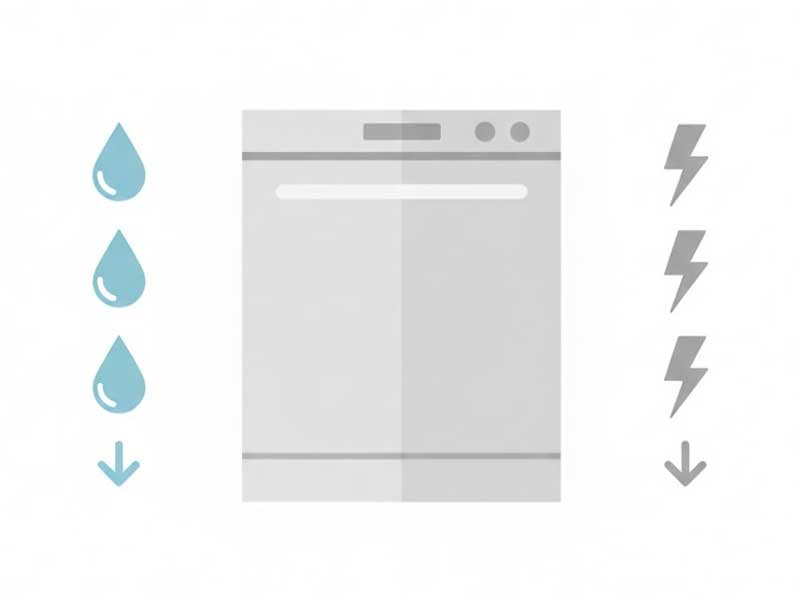 Energy-efficient dishwasher showing low water and electricity usage
