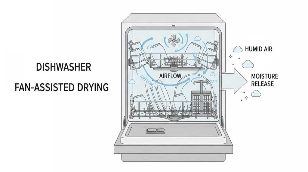 Diagram showing fan-assisted dishwasher drying with airflow and venting
