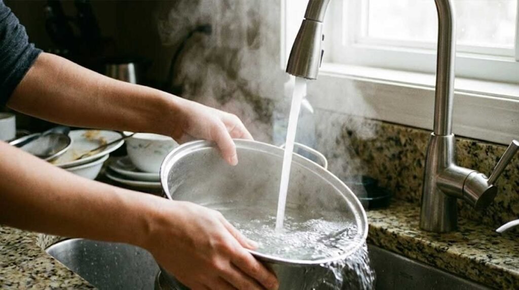 Hand washing dishes under a running tap showing high water usage and energy waste
