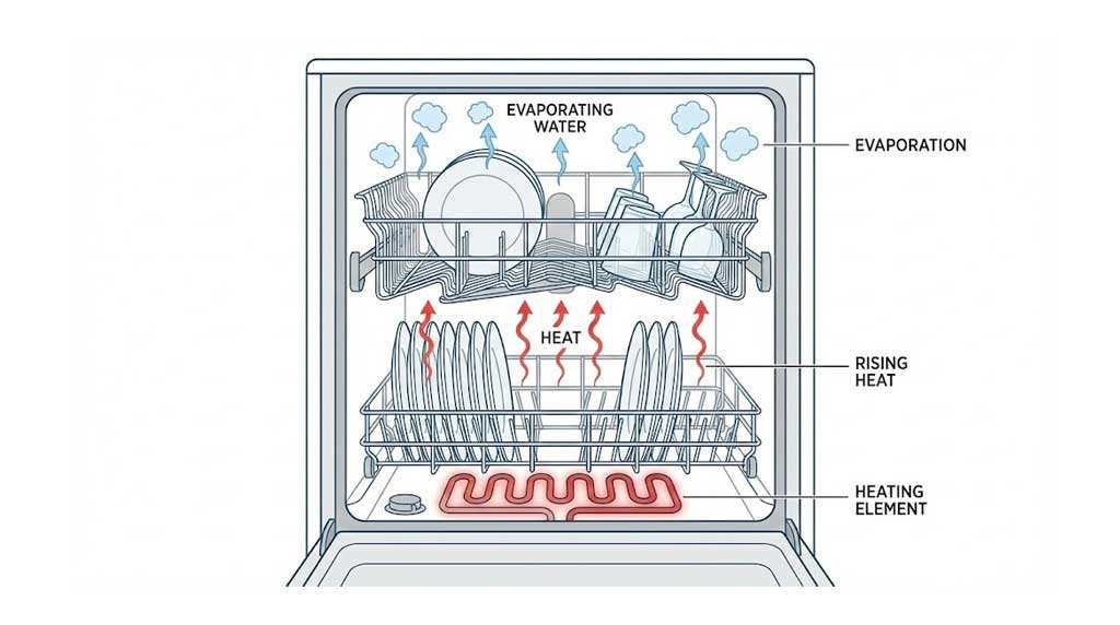 Diagram showing heated dry dishwasher with bottom heating element
