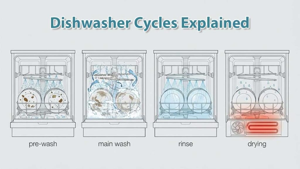 Stages of a dishwasher cycles explained - including pre-wash, main wash, rinse, and drying
