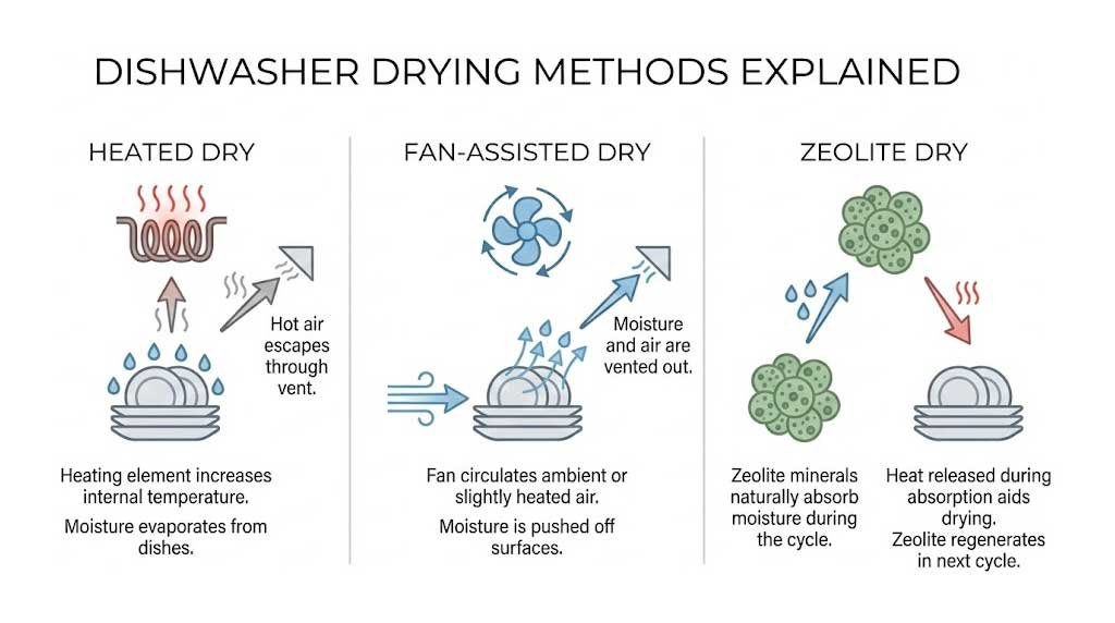 Infographic explaining heated dry, fan-assisted, and zeolite dishwasher drying methods
