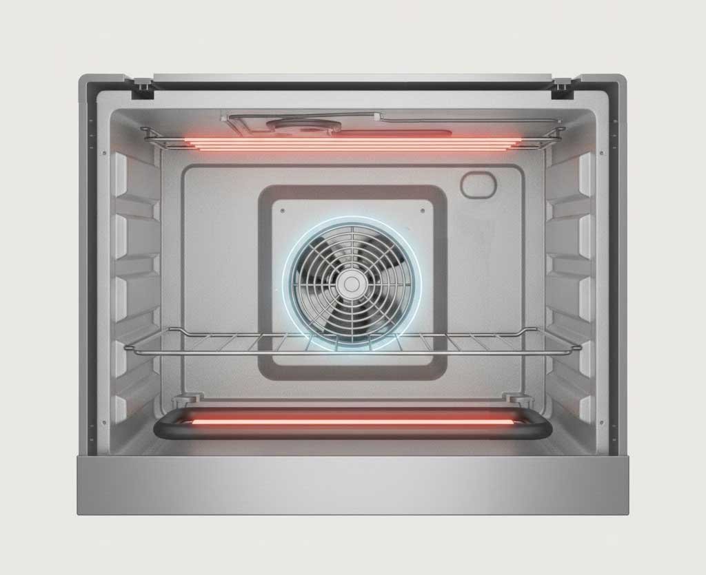 How an oven works: heating elements, temperature sensor, and convection fan