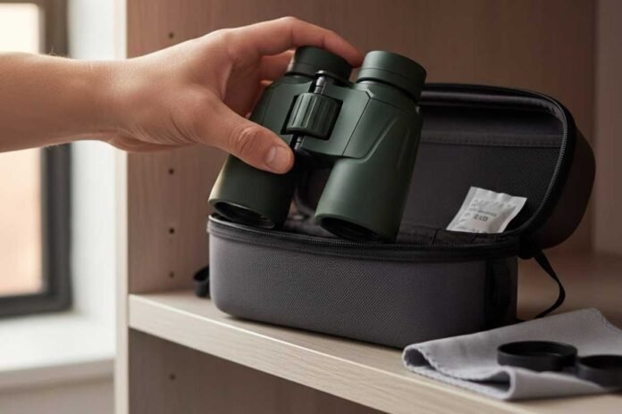 How to store binoculars properly in a climate-controlled room with protective case and silica gel