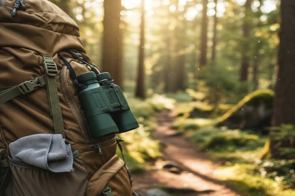 Microfiber lens cloth stored in hiking backpack for binocular maintenance