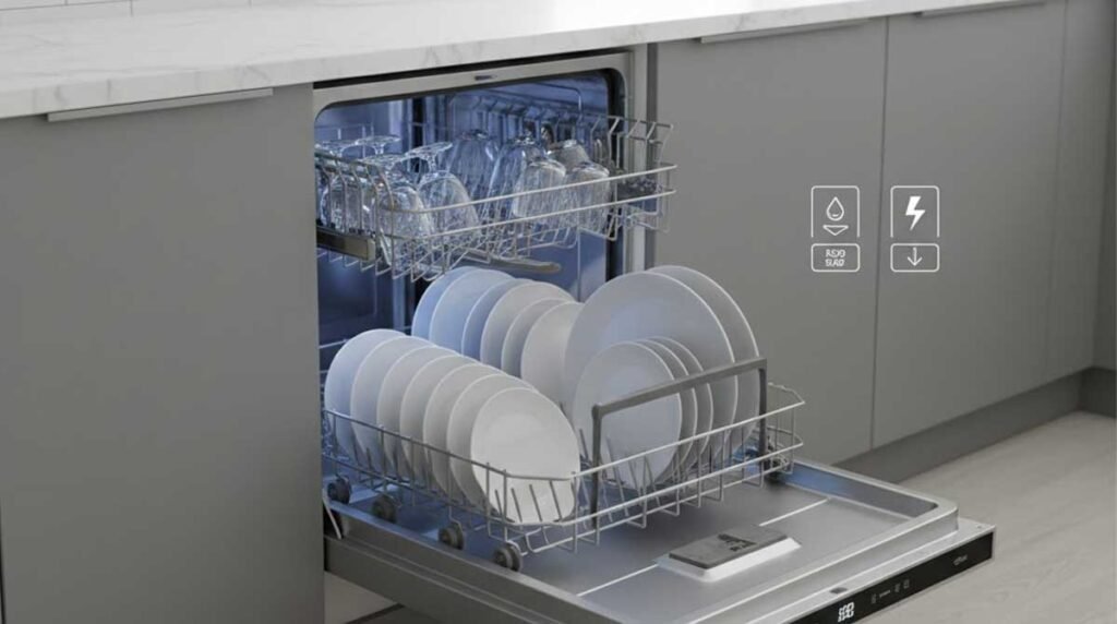 Modern energy-efficient dishwasher using minimal water during a full wash cycle