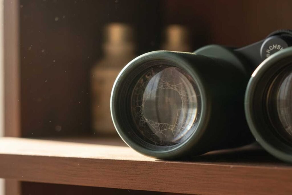 Mold and fungus growth inside binocular lens caused by improper humid storage conditions