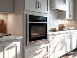 Oven features explained in a modern American kitchen with built-in wall oven