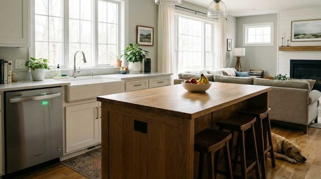 Quiet energy-efficient dishwasher in an open-plan kitchen