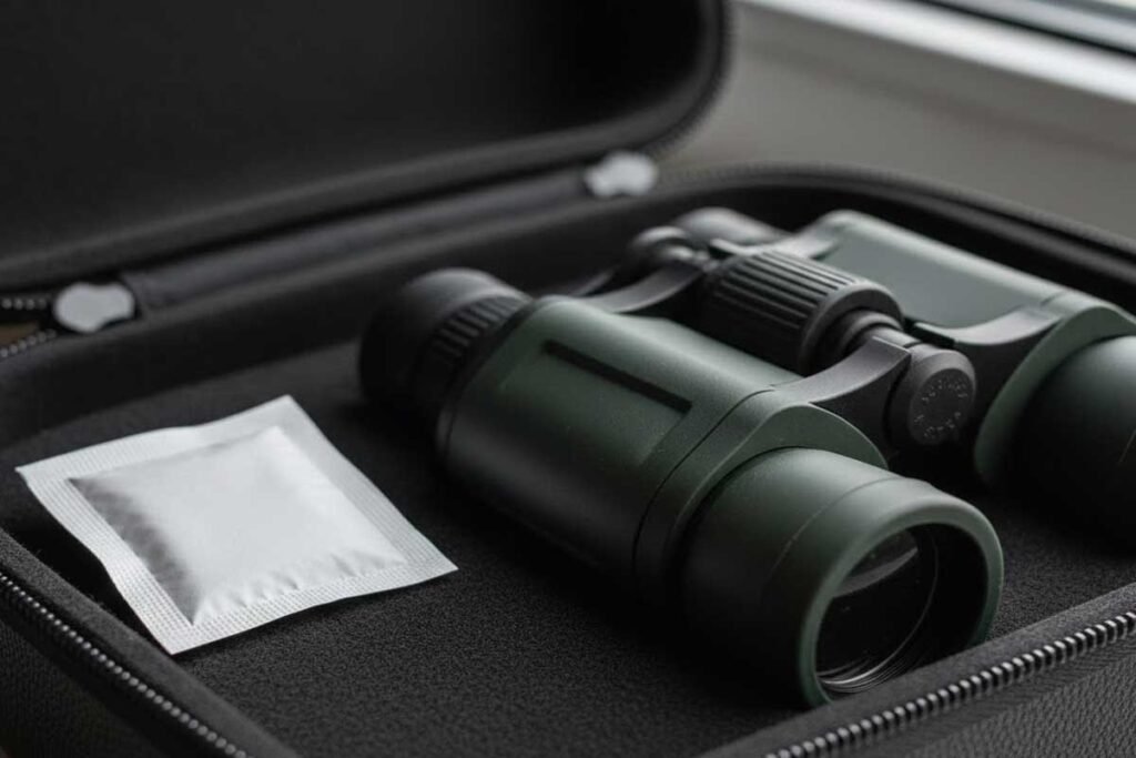 Silica gel moisture absorber used for safe binocular storage inside protective case