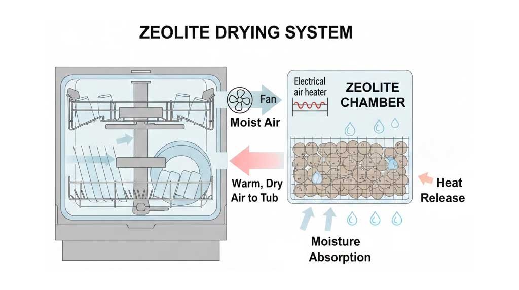 Diagram showing zeolite drying absorbing moisture and releasing heat