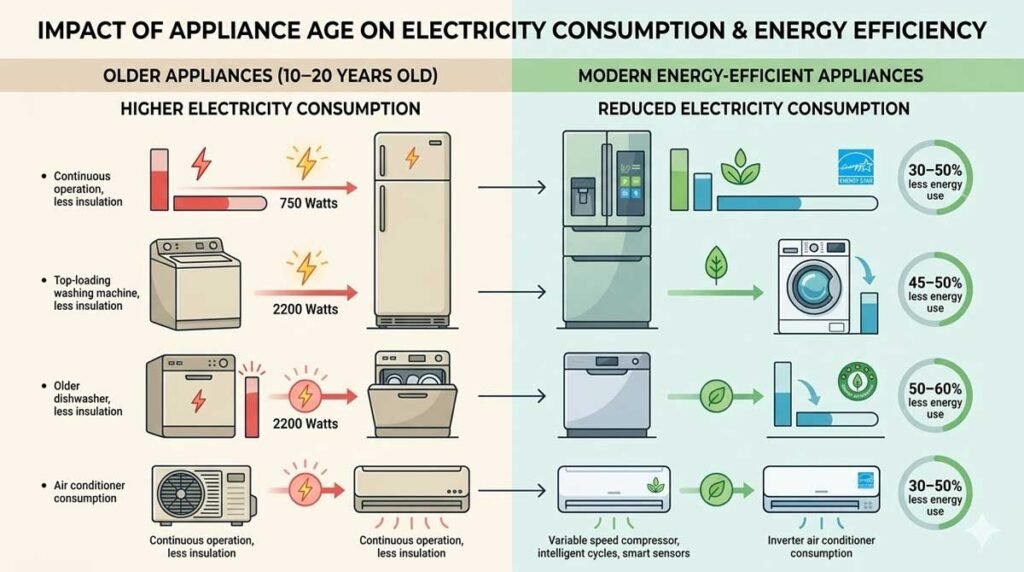 infographic showing how appliance age affects electricity efficiency and energy consumption
