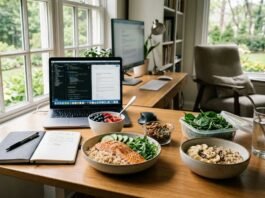 5 Best Foods for Brain Health During Long Workdays brain-healthy foods for long workdays arranged on a desk with salmon berries nuts leafy greens and whole grains