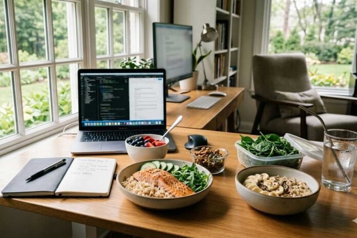 brain-healthy foods for long workdays arranged on a desk with salmon berries nuts leafy greens and whole grains