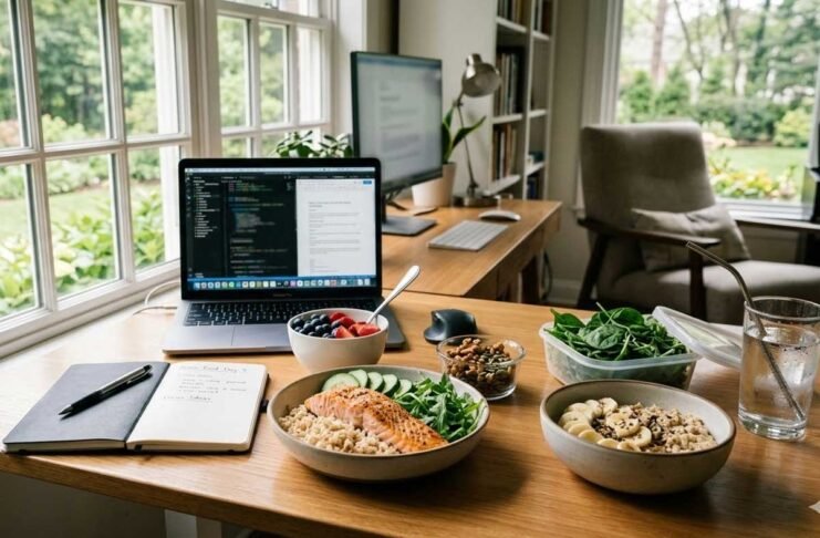 brain-healthy foods for long workdays arranged on a desk with salmon berries nuts leafy greens and whole grains