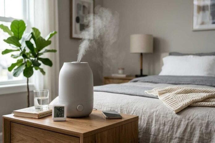 Best room humidifiers for 2026 in a cozy American bedroom with a quiet cool mist humidifier