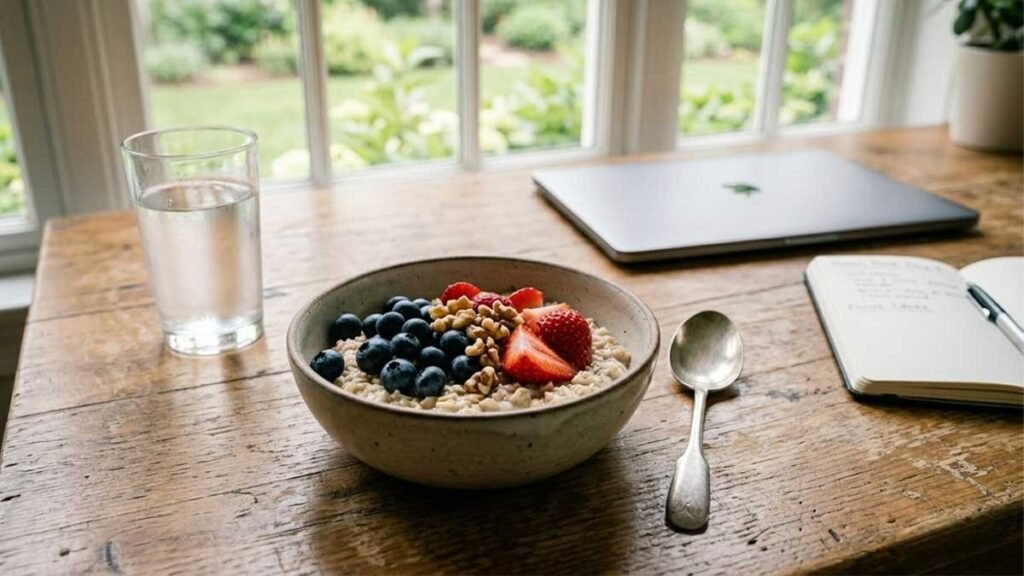 brain-healthy breakfast with oatmeal berries and walnuts for long workdays