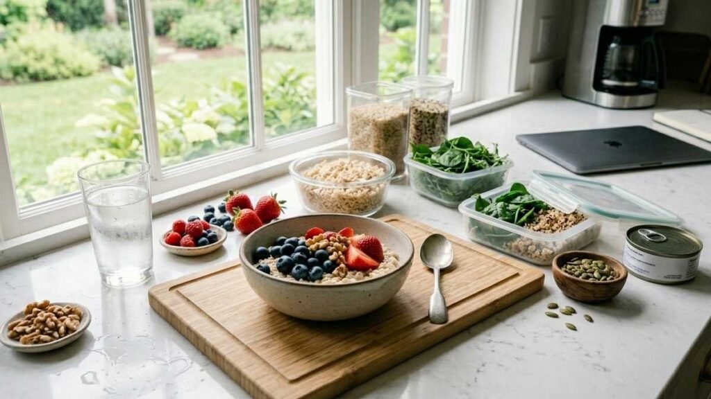 brain-healthy meal prep staples including berries greens oats nuts and canned fish for busy workdays