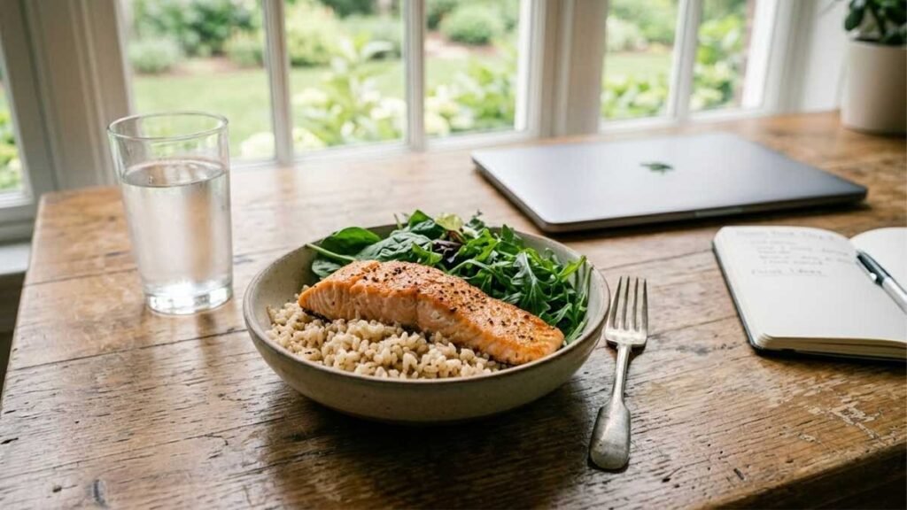 brain-healthy salmon lunch with brown rice and leafy greens for better focus at work